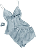 New Solid Ice Silk Pajamas Women's Thin Home Suspender Shorts Set Sexy Light Two Piece Home Clothes Girls plus