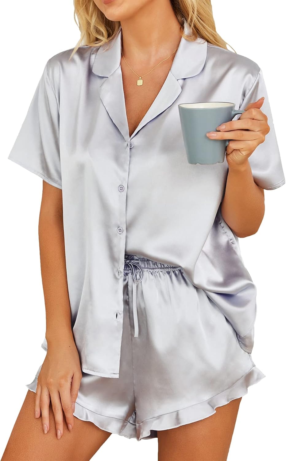 Womens Satin Pajamas Set Button Down 2 Piece Silk Pjs Shorts Set Ruffle Lingerie Notch Collar Sleepwear