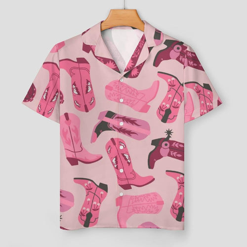 Pink Pajama Sets for Womens Cowboy Cowgirl Boots Satin Silk Short Sleeve Shirts And Pants Set
