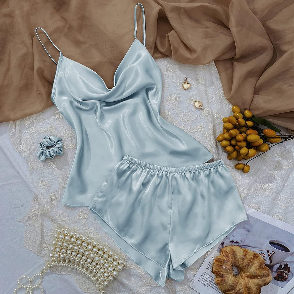 New Solid Ice Silk Pajamas Women's Thin Home Suspender Shorts Set Sexy Light Two Piece Home Clothes Girls plus