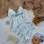 New Solid Ice Silk Pajamas Women's Thin Home Suspender Shorts Set Sexy Light Two Piece Home Clothes Girls plus