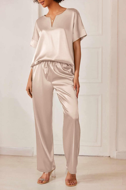 Satin Pajama Set Womens Silk Short Sleeve V Neck Shirt with Long Pant Soft Loungewear Pjs Set
